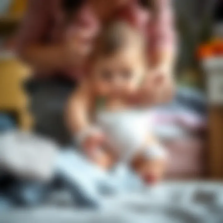 A caregiver dressing an infant in knee pad pants illustrating ease of use