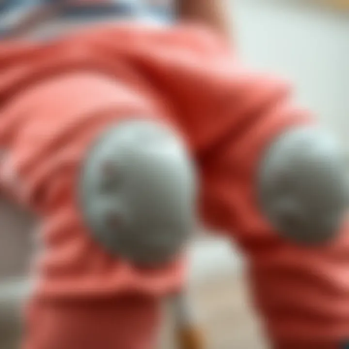 Close-up of knee pads on baby pants highlighting safety features