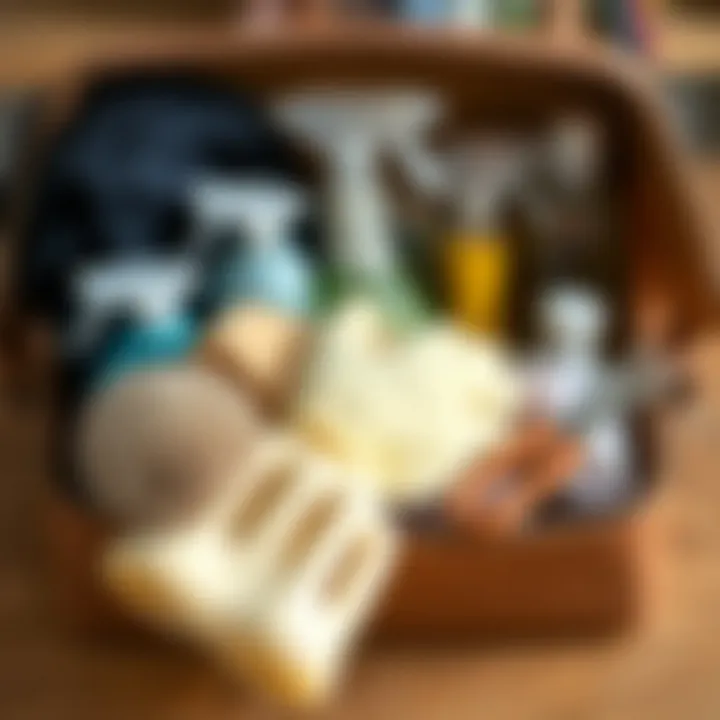 A well-organized cleaning kit, including fur removal gloves alongside other fabric care tools.