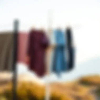 A close-up of a compact portable clothes line with clothes hanging