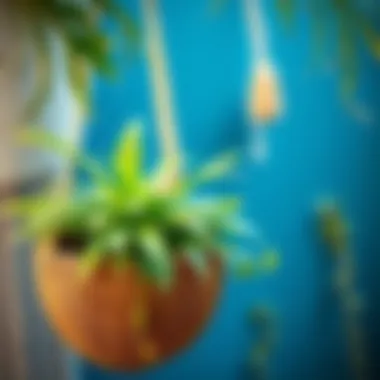 Thriving Greenery in a Coconut Shell Planter Close-up of a coconut shell planter with thriving greenery