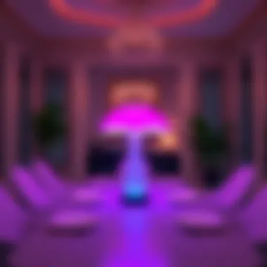 Elegant Dining Area with Mushroom Lamp An elegant dining area featuring a color changing mushroom lamp as a centerpiece