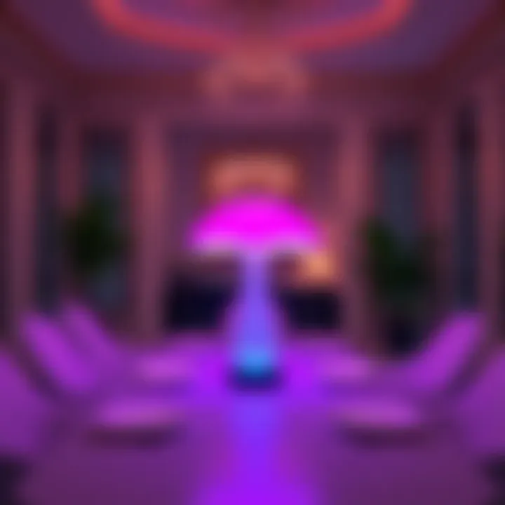 Elegant Dining Area with Mushroom Lamp An elegant dining area featuring a color changing mushroom lamp as a centerpiece