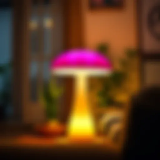 Cozy Living Room with Mushroom Lamp A beautifully designed color changing mushroom lamp in a cozy living room setting