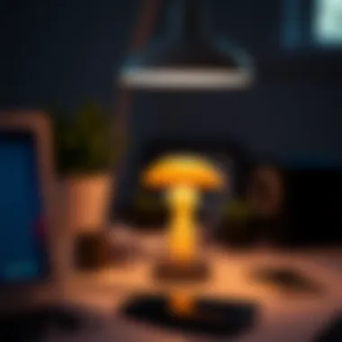 Stylish Workspace with Mushroom Lamp A modern workspace illuminated by a sleek mushroom lamp