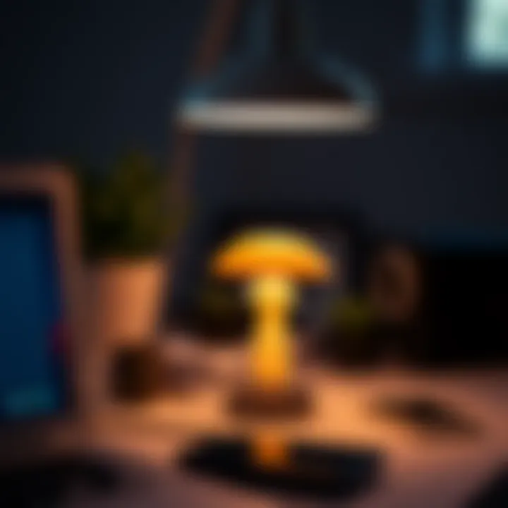 Stylish Workspace with Mushroom Lamp A modern workspace illuminated by a sleek mushroom lamp