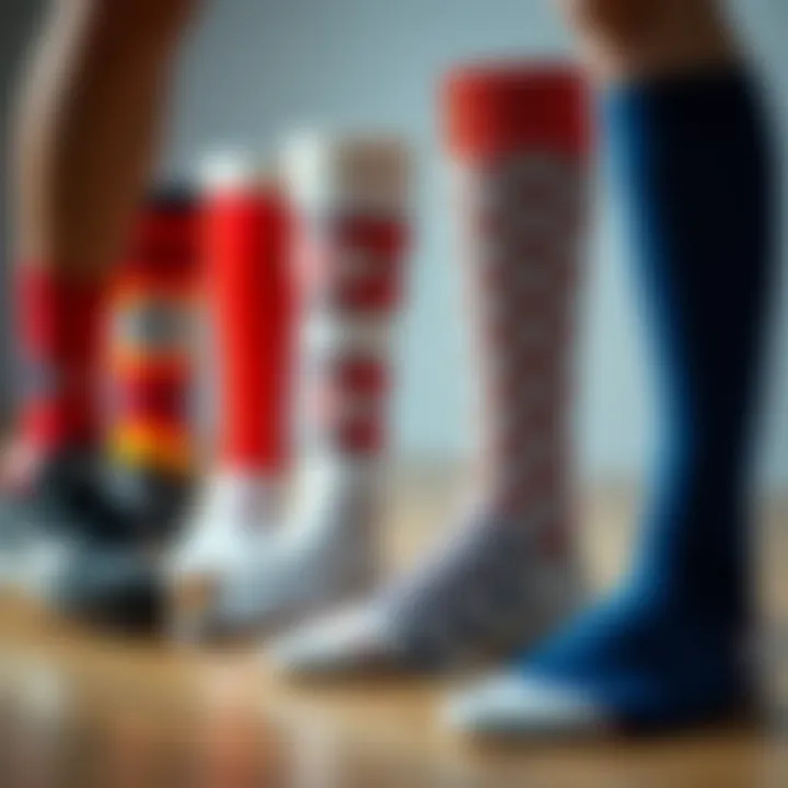 Stylish mid calf basketball socks displayed in various colors and patterns