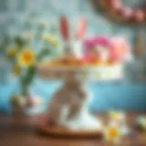A beautifully decorated Easter Bunny cake stand featuring pastel colors and floral accents