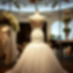 A stunning high waistline wedding dress displayed on a mannequin