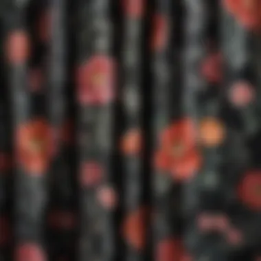 Close-up of detailed floral patterns on a black shower curtain