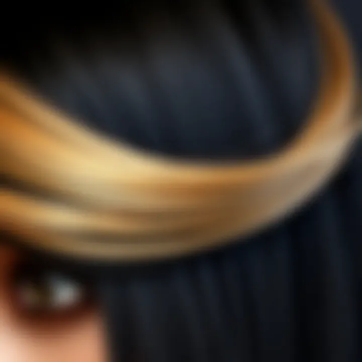 Highlighting the Beauty of Color Contrast Close-up of honey blonde highlights on a sleek black wig, showcasing texture and shine