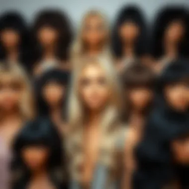 A Spectrum of Style and Versatility Diverse wig collection featuring various styles of black wigs with honey blonde highlights