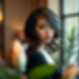 Elegant black wig with honey blonde highlights styled for an evening event