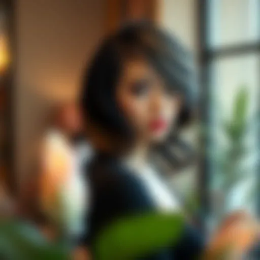 Elegant black wig with honey blonde highlights styled for an evening event