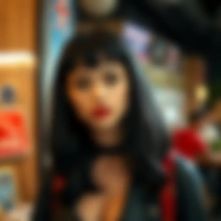 Everyday Elegance with Striking Colors Fashionable individual confidently wearing a black wig with honey blonde highlights in a casual setting