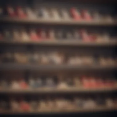 A collection of various high heel espadrilles on a shelf