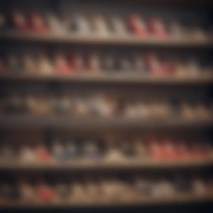 A collection of various high heel espadrilles on a shelf