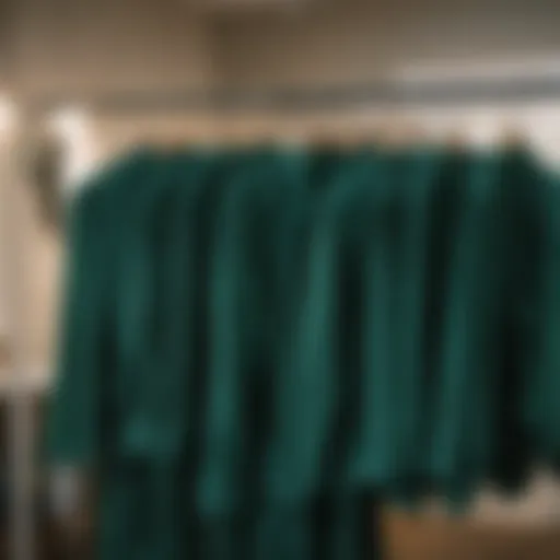 Elegant dark green bridesmaid robes hanging on a decorative rack