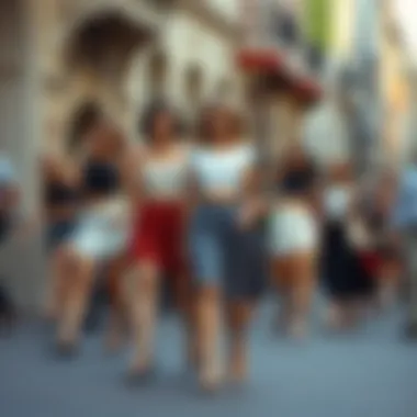 Historical evolution of fashion featuring short skirts and crop tops.