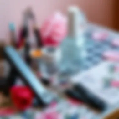 Nail art station with essential tools and floral foils