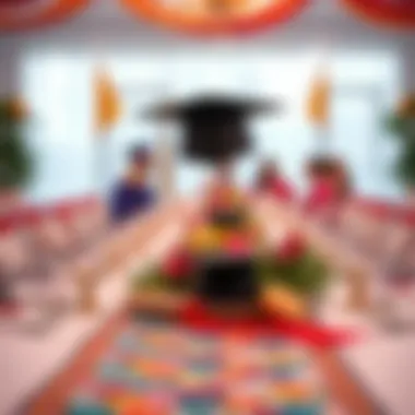 Vibrant graduation table setup with a colorful runner