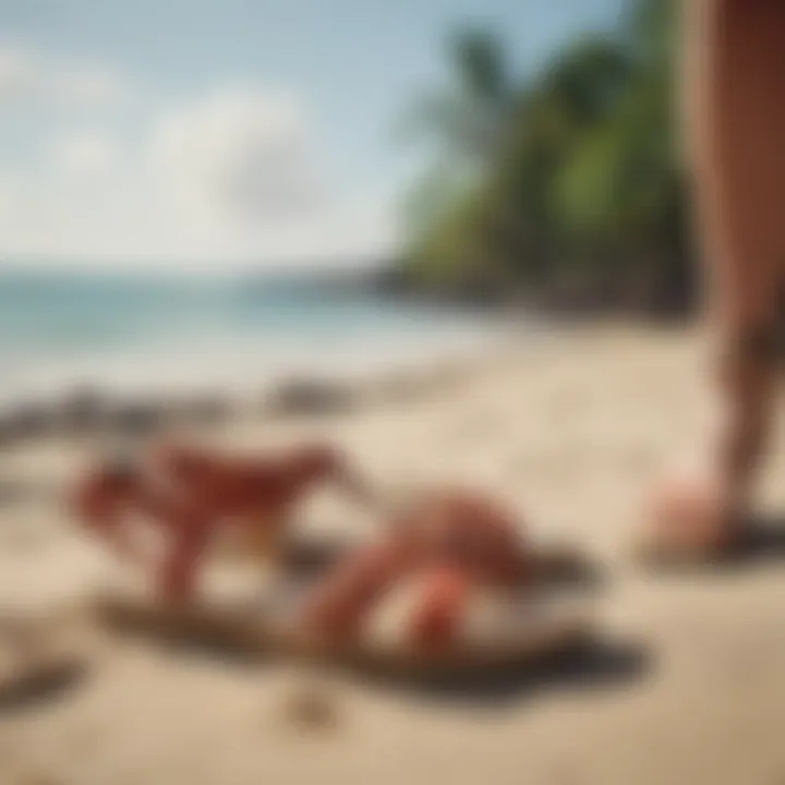 A picturesque beach scene featuring Hawaiian sandals against a tropical backdrop.