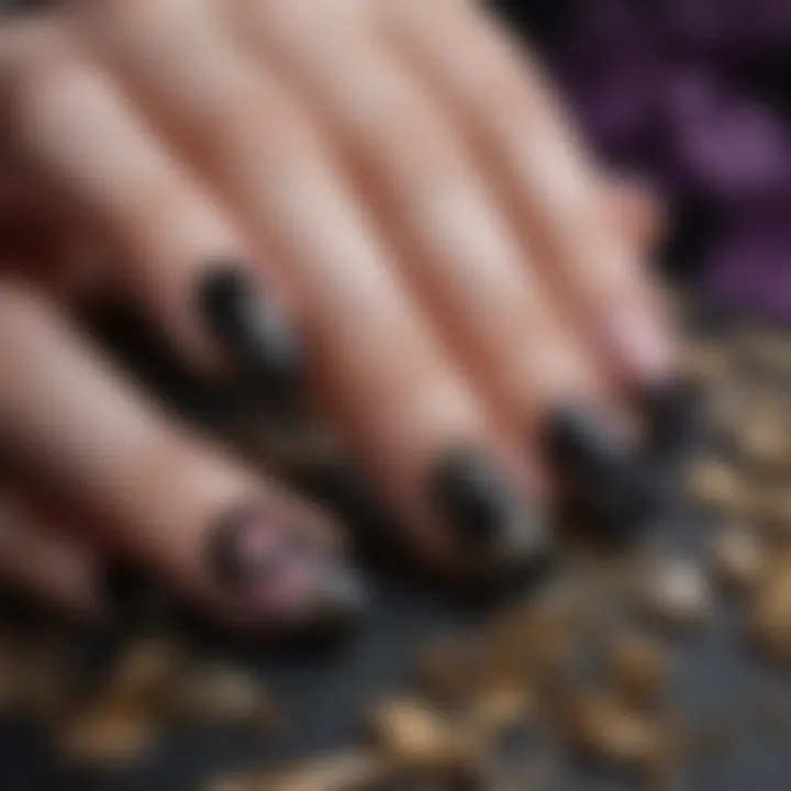 A close-up view of a beautifully adorned nail featuring Kuromi charms