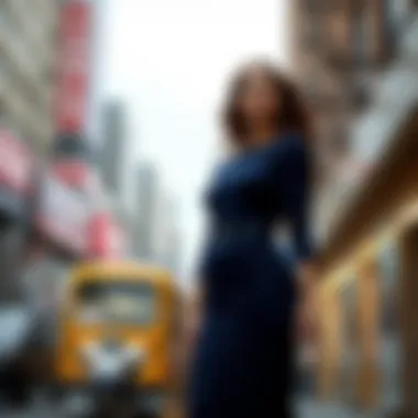 Navy blue skin tight dress in a fashionable urban setting