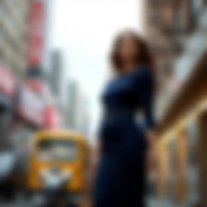 Navy blue skin tight dress in a fashionable urban setting