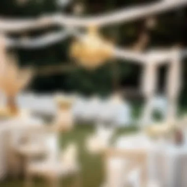 A serene outdoor bridal shower scene with off-white decorations