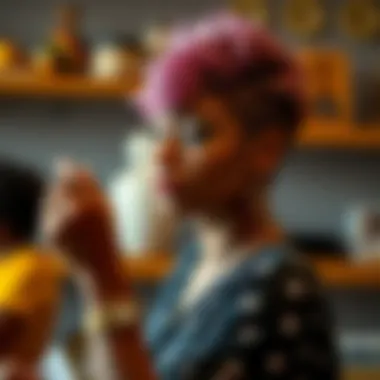 Woman demonstrating styling techniques for pixie wigs