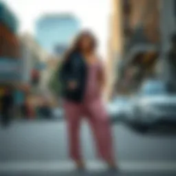 Elegant plus size matching pants set in a chic urban setting