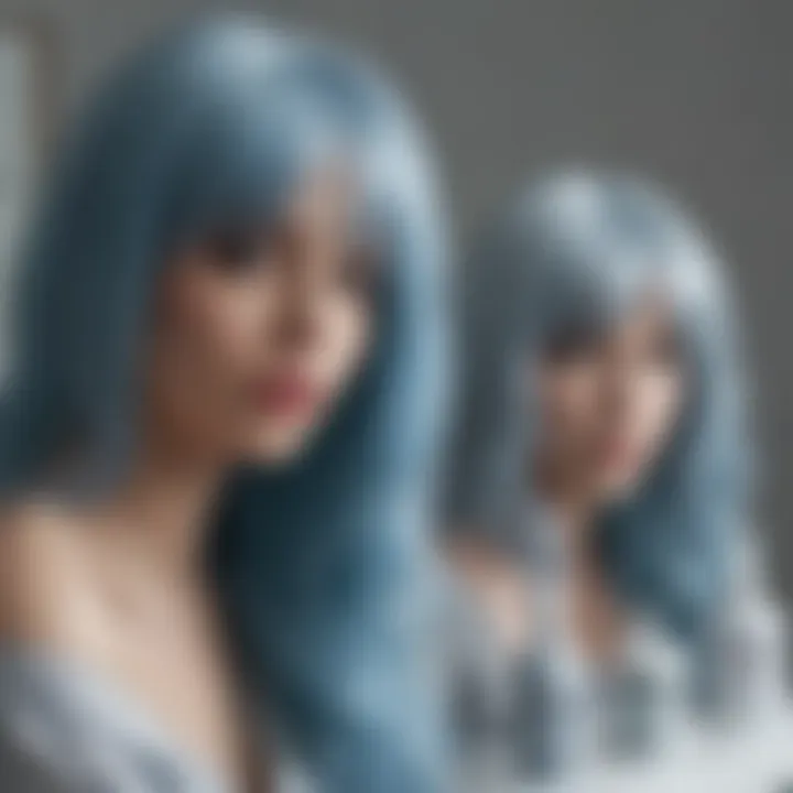 Essential care products for maintaining greyish blue wigs next to a wig stand