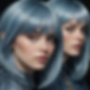 A close-up of the intricate details and layers in a greyish blue wig