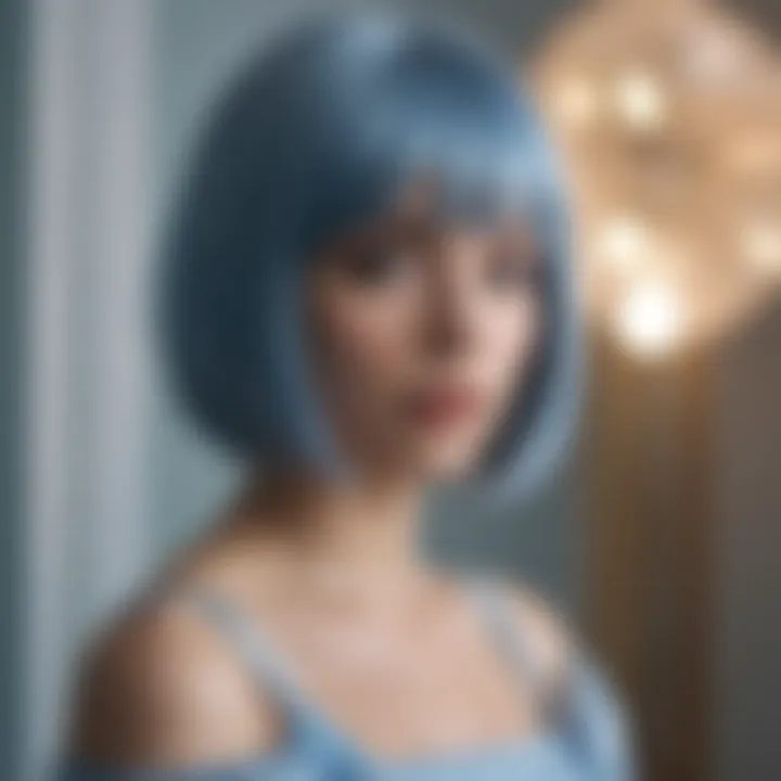 An elegant setting featuring a person wearing a greyish blue wig, emphasizing versatility