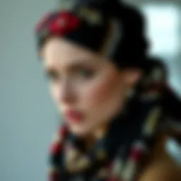 Elegant bohemian head scarf elegantly styled around a model's head