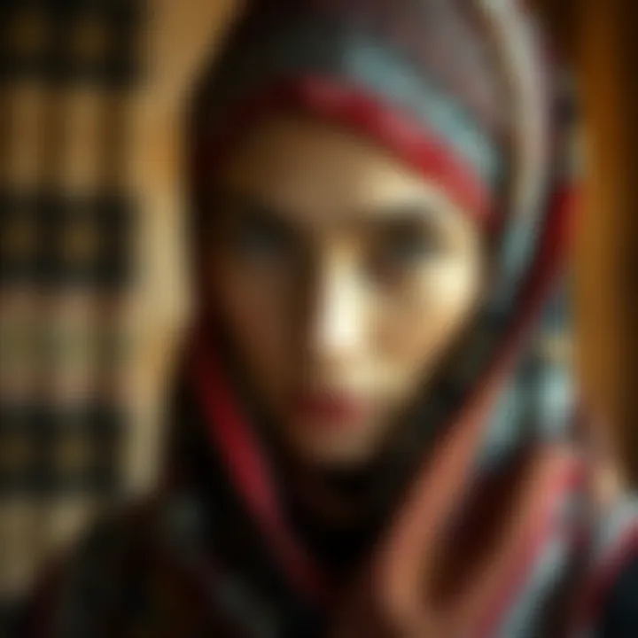 Close-up of a bohemian head scarf adorned with intricate patterns and colors