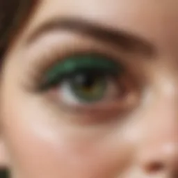 A close-up view of vibrant green false lashes showcasing intricate details and textures.