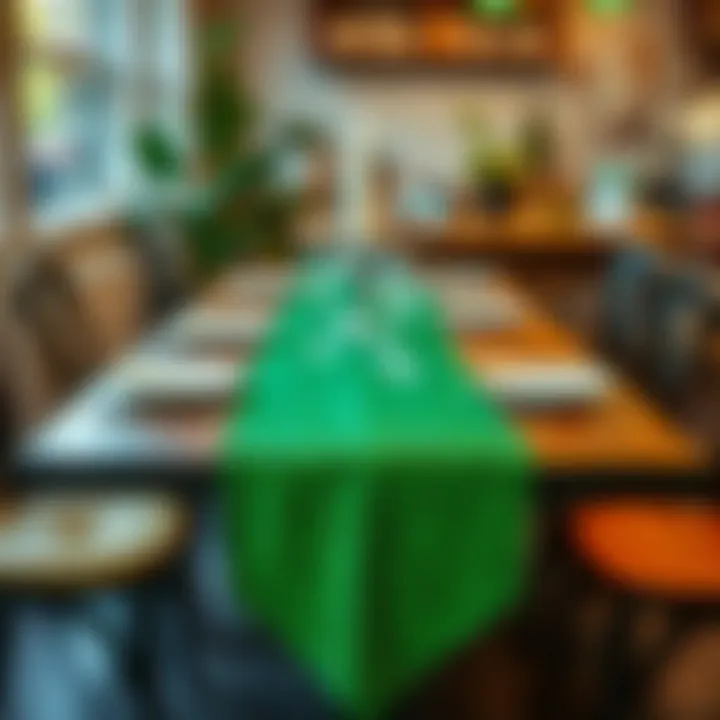 Stylish casual setting featuring green sequin table runner