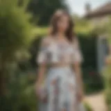 Elegant off-the-shoulder top and skirt set in a garden