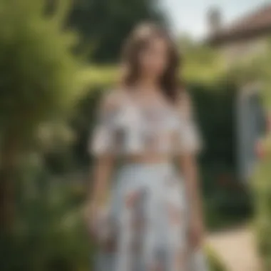 Elegant off-the-shoulder top and skirt set in a garden