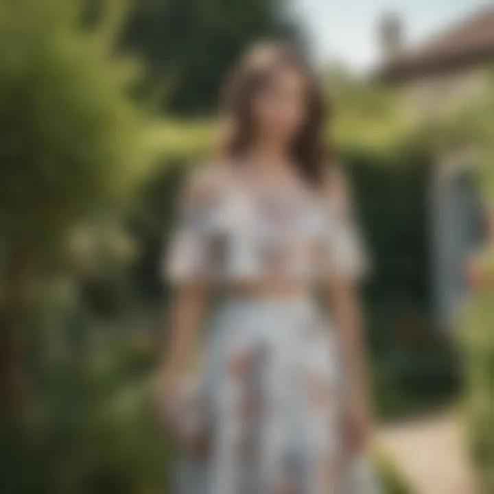 Elegant off-the-shoulder top and skirt set in a garden