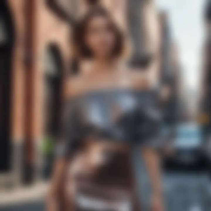 Model showcasing off-the-shoulder set in urban setting