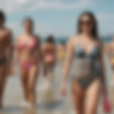 A stylish beach scene featuring individuals expressing personal style through their choice of thong bathing suits