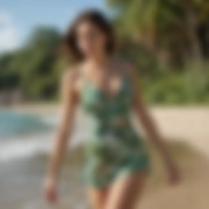 Tropical print swim dress displayed on a beach