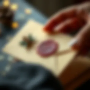 A close-up view of a hand applying a delicate Christmas seal to an envelope.