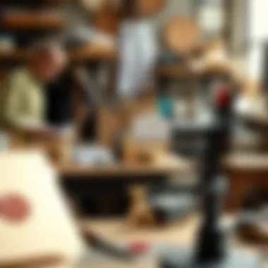 A creative workspace with tools and materials for making custom envelope seals.