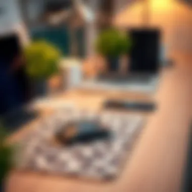 Workspace featuring a cheetah print mouse pad and laptop