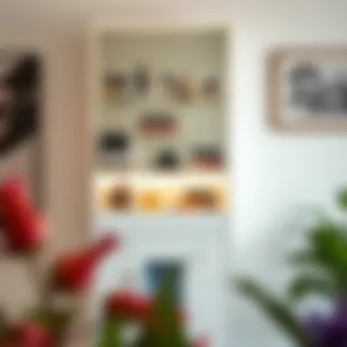 Modern freestanding mirror showcasing beauty products in an integrated design