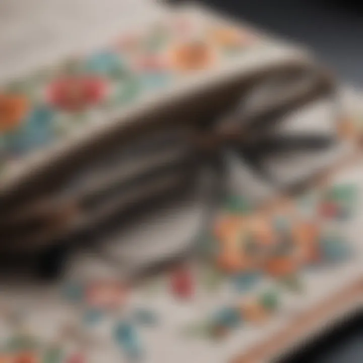 Close-up of a reading glasses pouch with intricate embroidery highlighting craftsmanship.